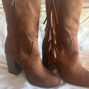 Soda Tan Suede Fringe Heeled Boots